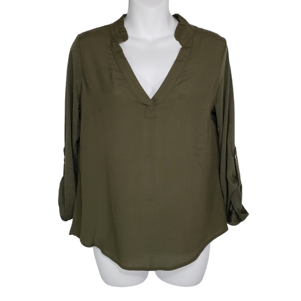 Anthropologie Porridge Frenchie Dog V Neck Long Sleeve Blouse Top Olive XS